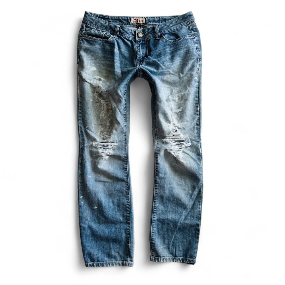 LEI Bridget Curvy Boot Jeans Blue Distressed Paint Splatter Y2K Size 11 Regular